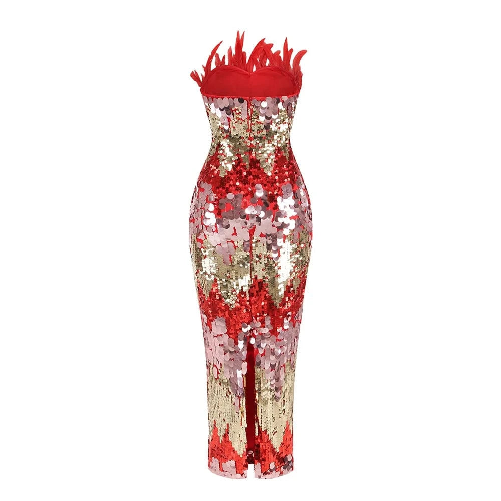 Women's New Stylish Sleeveless Slim Sequin Feather Patchwork Wrap Calf Length Dress Luxurious Evening Party Dress