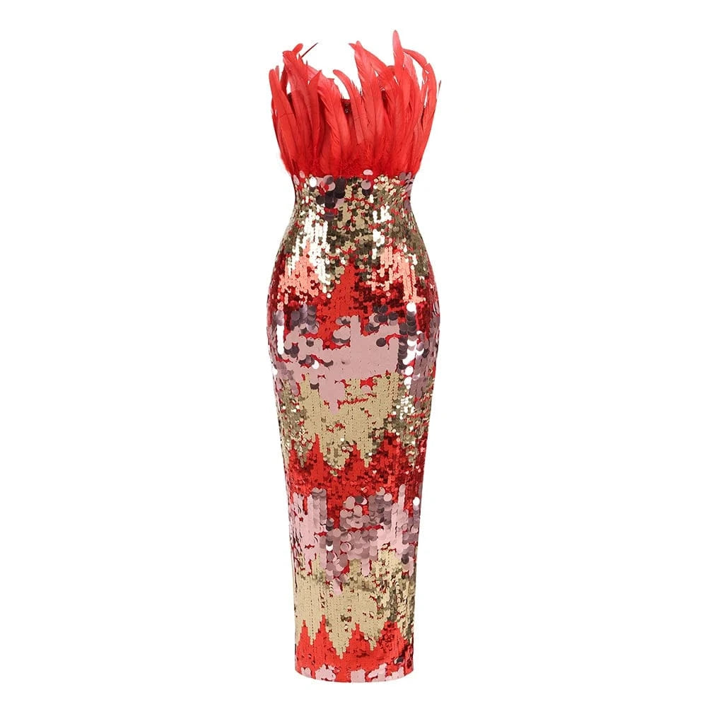 Women's New Stylish Sleeveless Slim Sequin Feather Patchwork Wrap Calf Length Dress Luxurious Evening Party Dress
