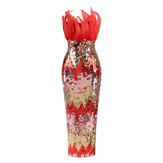 Women's New Stylish Sleeveless Slim Sequin Feather Patchwork Wrap Calf Length Dress Luxurious Evening Party Dress