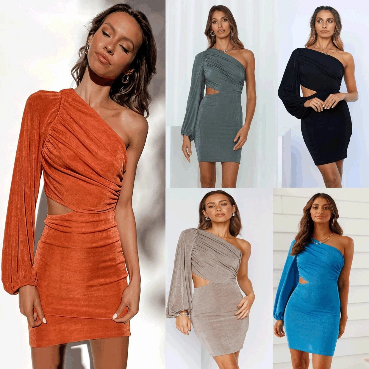Women's One Shoulder Long Sleeve Cutout Bodycon Club Cocktail Mini Dress