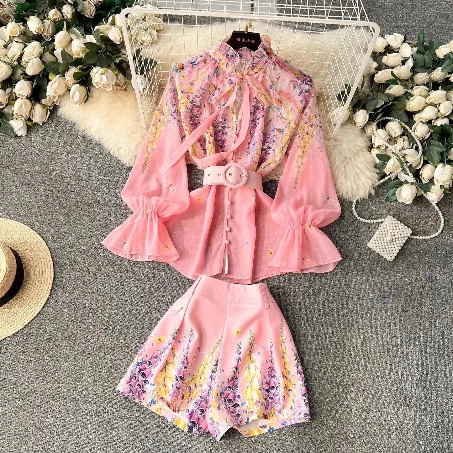 Women's Outfits Bright Silk Chiffon Shirt Blouse Top + Belt Shorts Two Piece Sets Summer Holidays Lavender Flower Shorts Suit