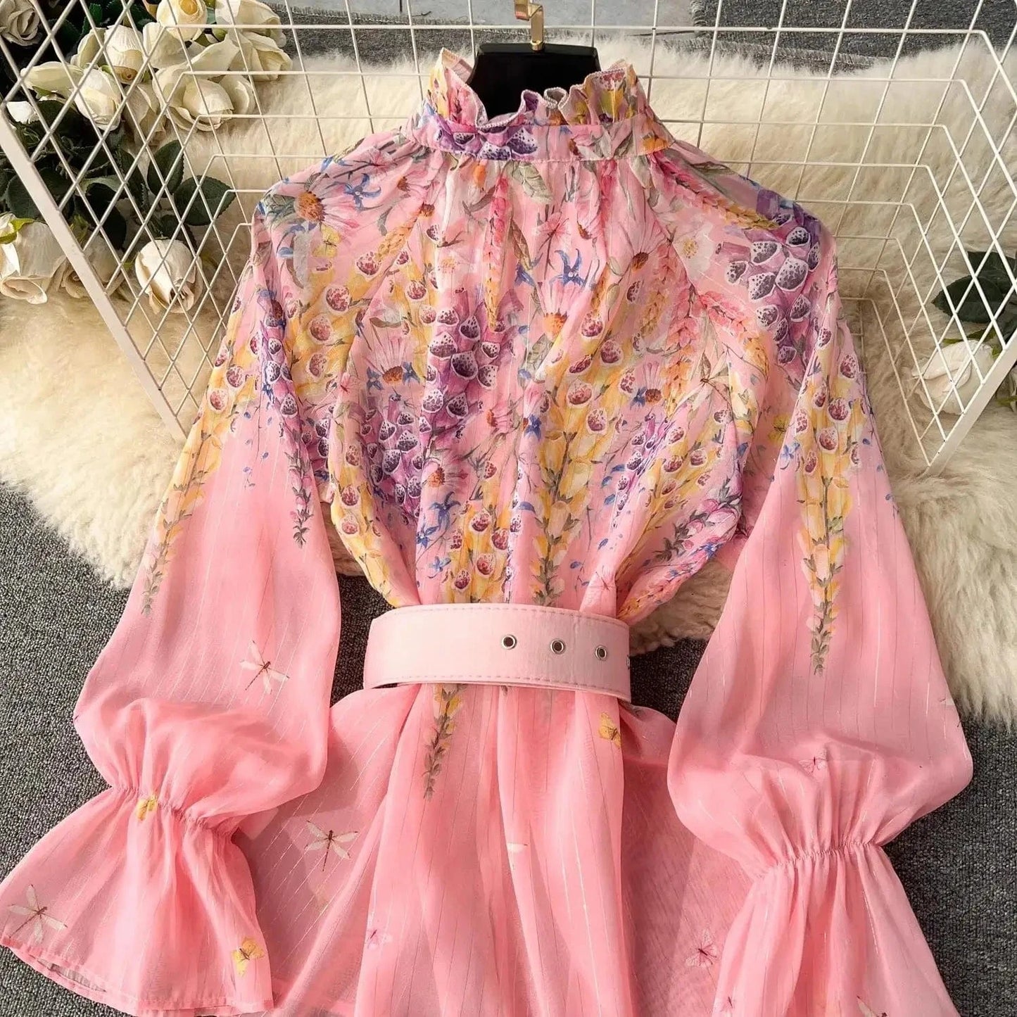 Women's Outfits Bright Silk Chiffon Shirt Blouse Top + Belt Shorts Two Piece Sets Summer Holidays Lavender Flower Shorts Suit