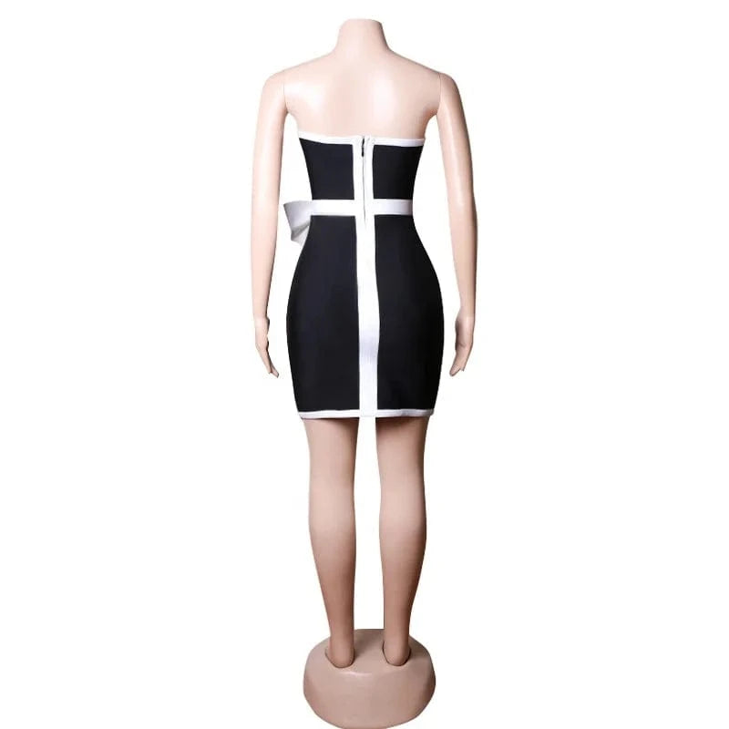 Women's Patchwork Mini Dress Black Bow Strapless Bodycon 2024 Summer Sexy Elegant Club Celebrity Evening Party Dresses