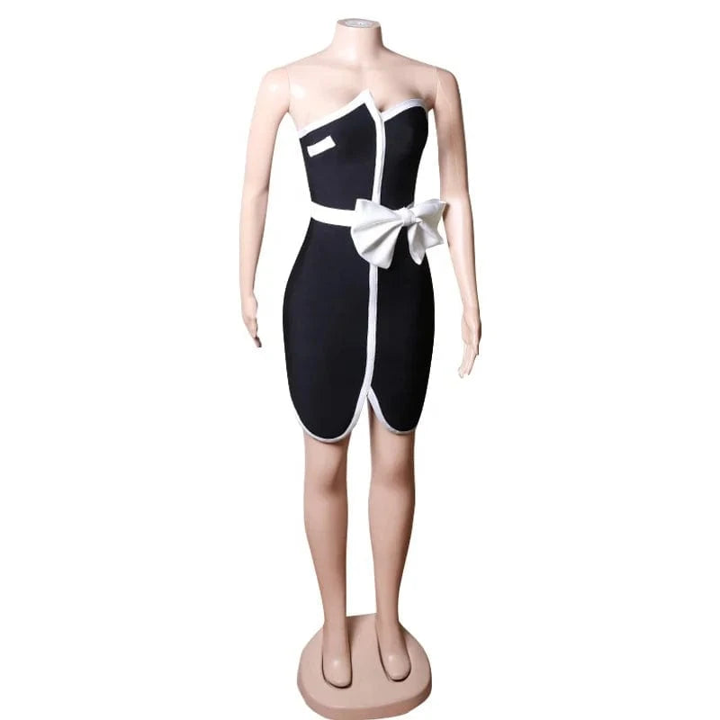 Women's Patchwork Mini Dress Black Bow Strapless Bodycon 2024 Summer Sexy Elegant Club Celebrity Evening Party Dresses