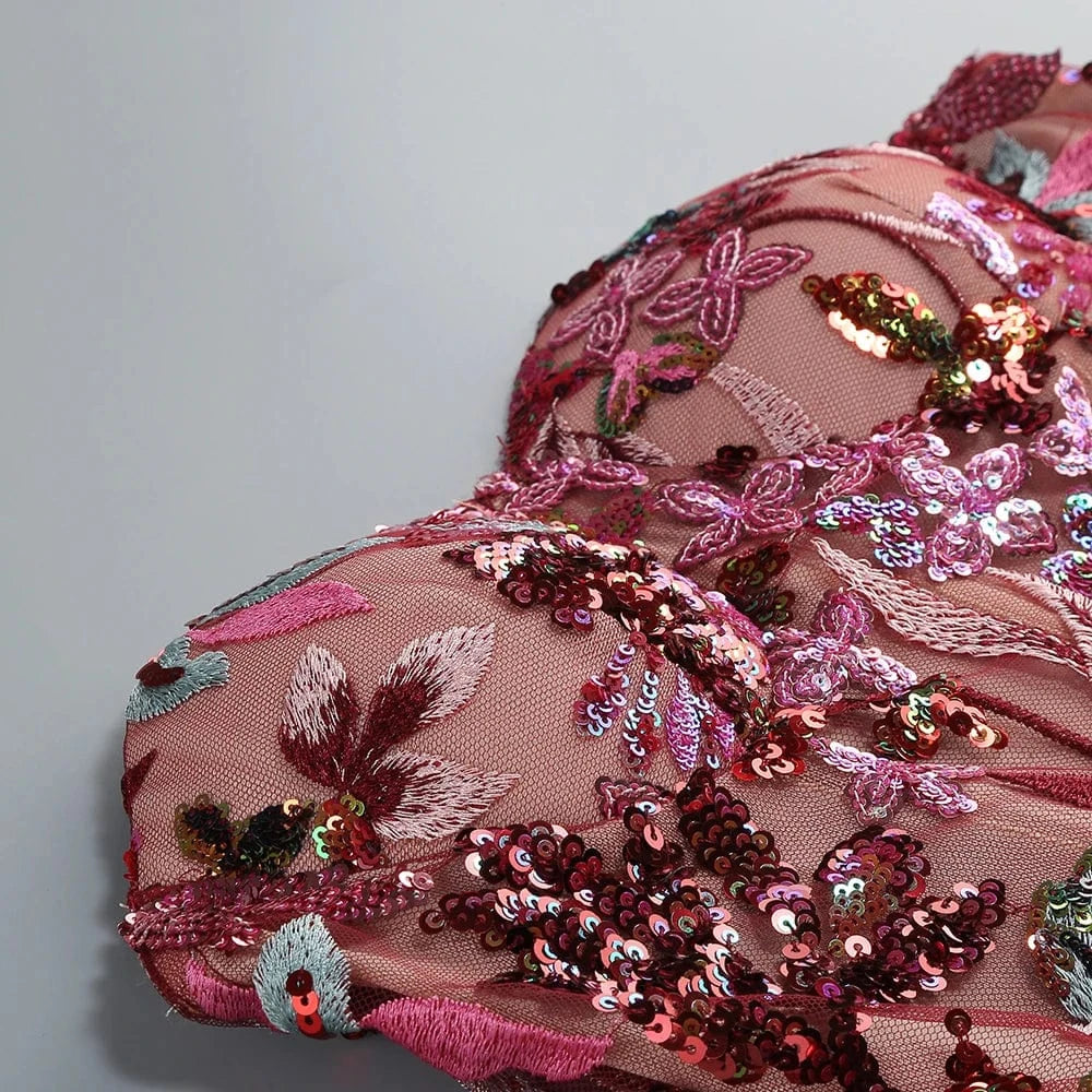 Women's Print One-Line Shoulder Sleeveless Slim Sexy Ankle-Length Dress Lace Embroidery Flowers Colorful Sequins Elegant Dress