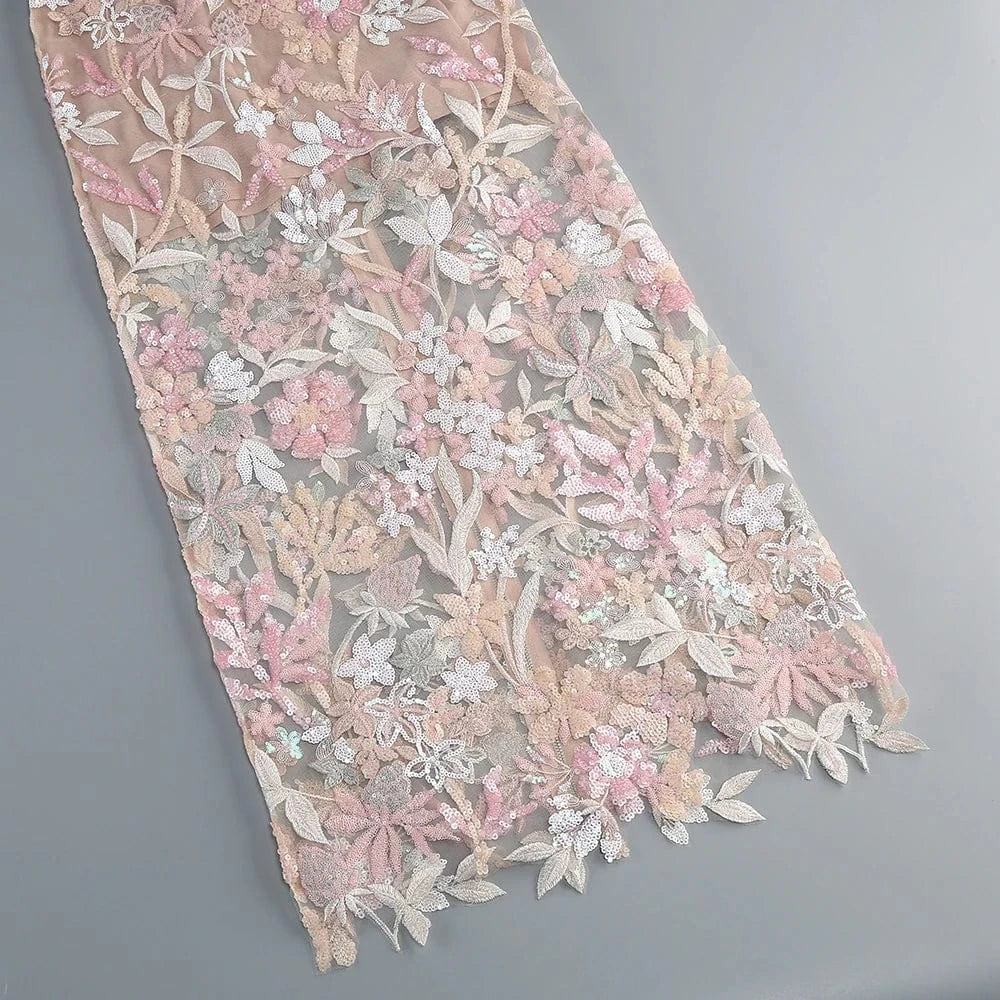 Women's Print One-Line Shoulder Sleeveless Slim Sexy Ankle-Length Dress Lace Embroidery Flowers Colorful Sequins Elegant Dress