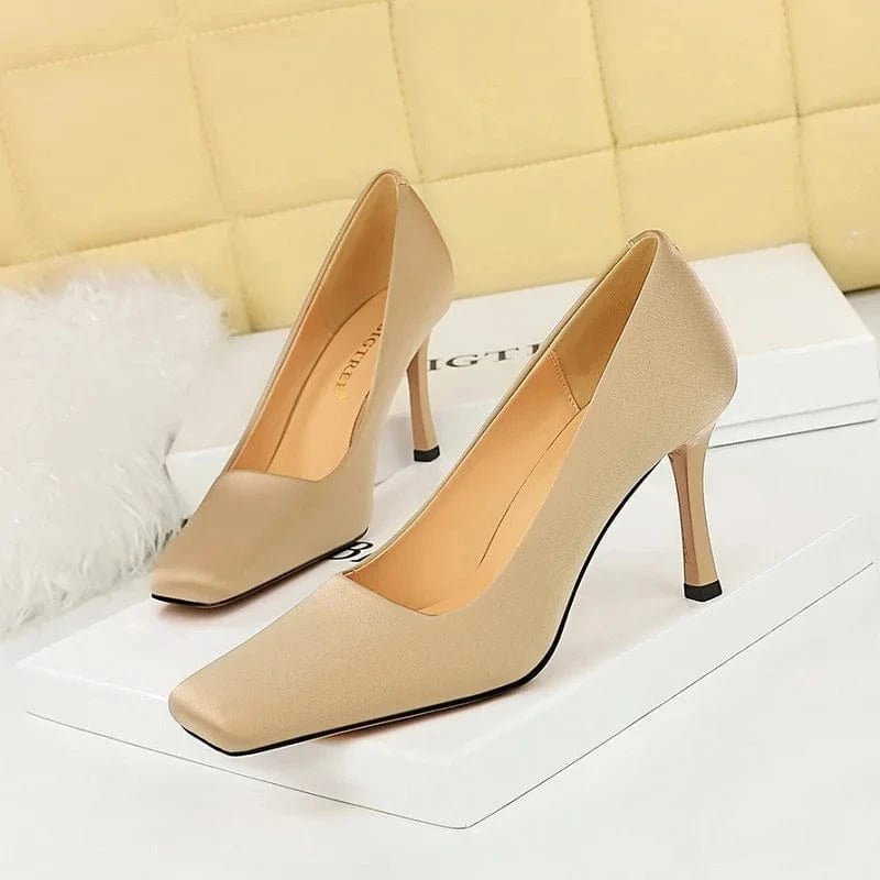 Women's Pumps 20023 Satin Shoes Square Toe Female Sweet Stiletto Ladies Heels