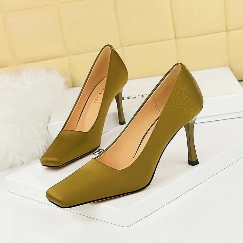 Women's Pumps 20023 Satin Shoes Square Toe Female Sweet Stiletto Ladies Heels