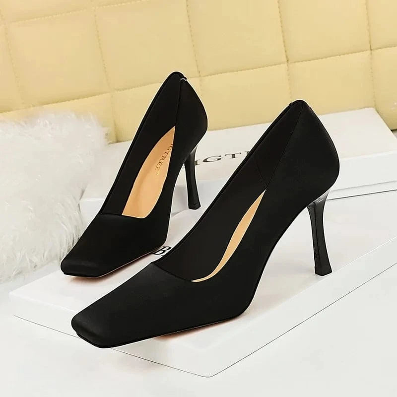 Women's Pumps 20023 Satin Shoes Square Toe Female Sweet Stiletto Ladies Heels