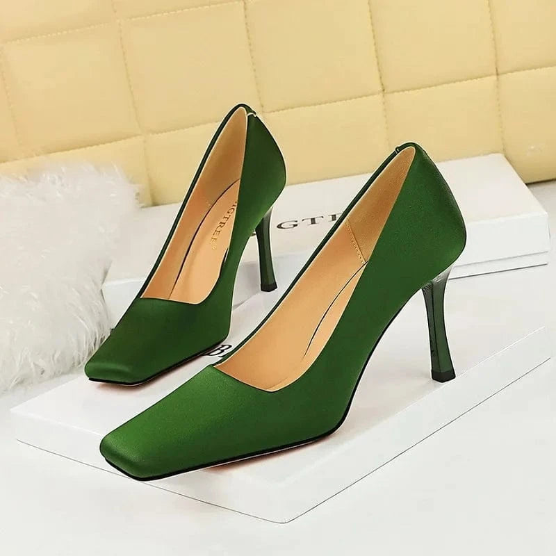 Women's Pumps 20023 Satin Shoes Square Toe Female Sweet Stiletto Ladies Heels