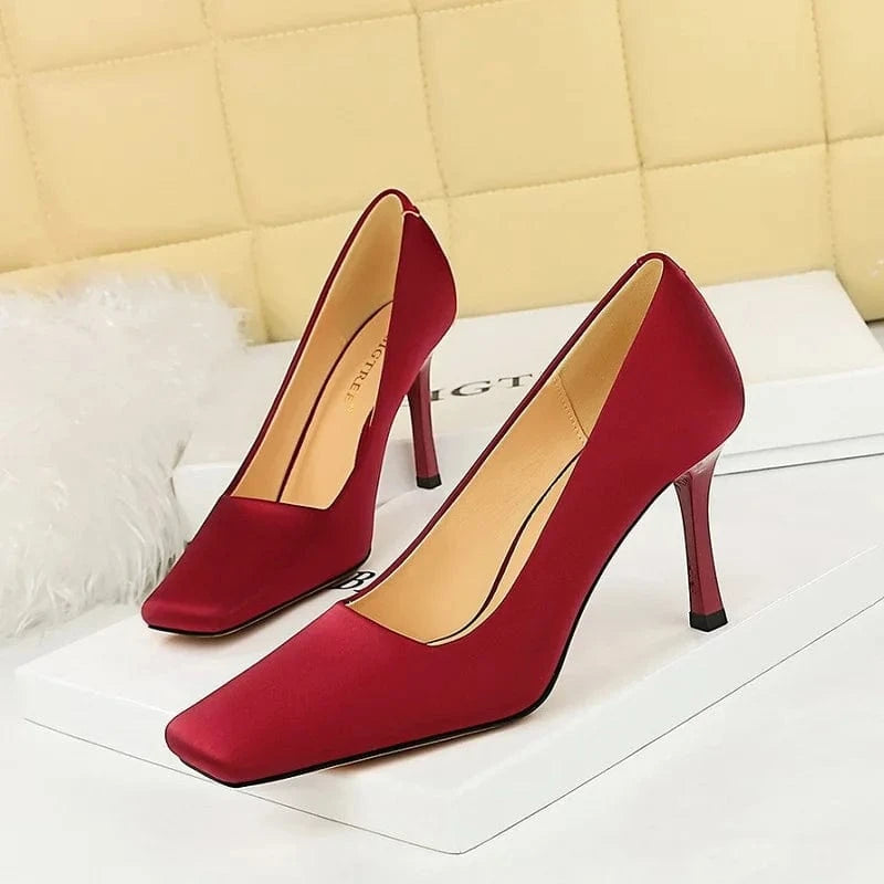 Women's Pumps 20023 Satin Shoes Square Toe Female Sweet Stiletto Ladies Heels