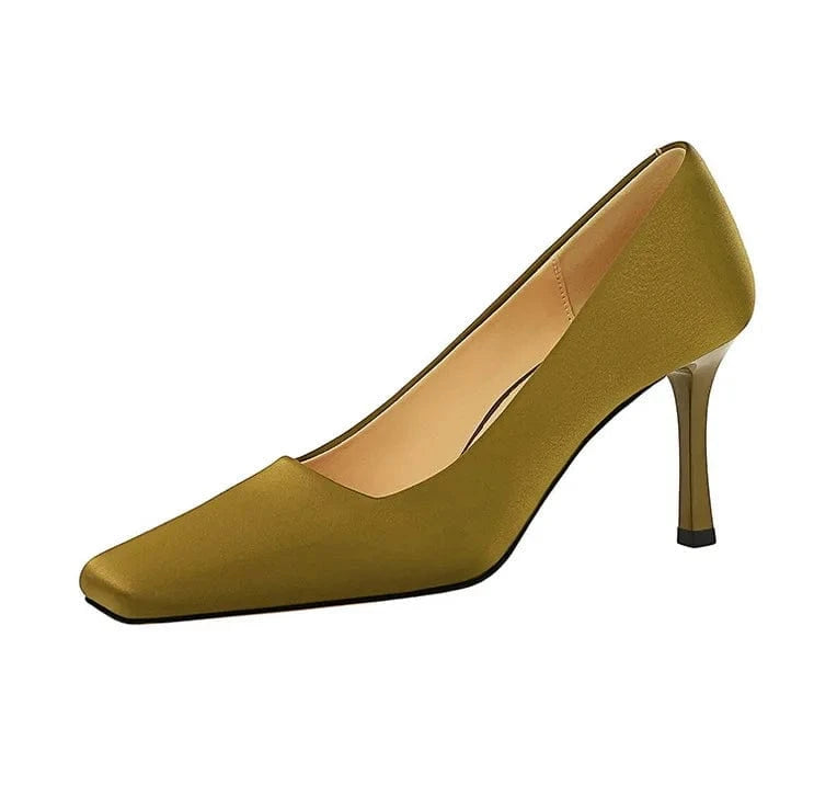 Women's Pumps 20023 Satin Shoes Square Toe Female Sweet Stiletto Ladies Heels