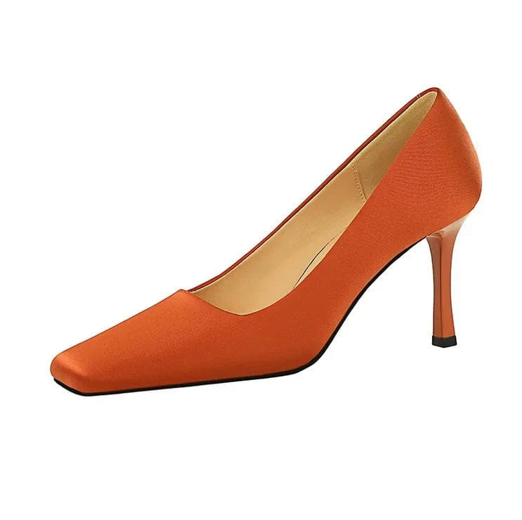 Women's Pumps 20023 Satin Shoes Square Toe Female Sweet Stiletto Ladies Heels