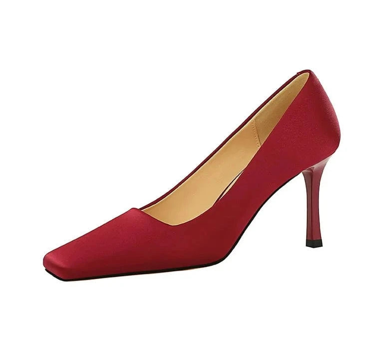 Women's Pumps 20023 Satin Shoes Square Toe Female Sweet Stiletto Ladies Heels