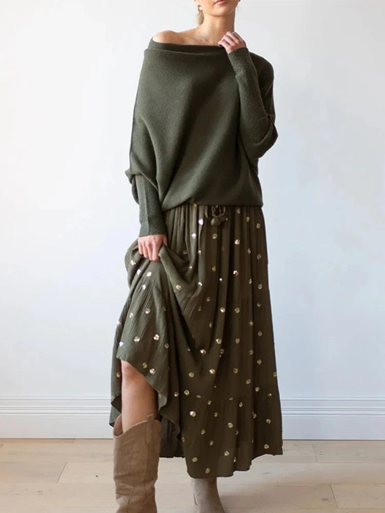 Women's Ribbed Knit Jumper Set Casual Bat Sleeve round Neck Simple Versatile Autumn Winter Knitwear 2024 New Headwear Included