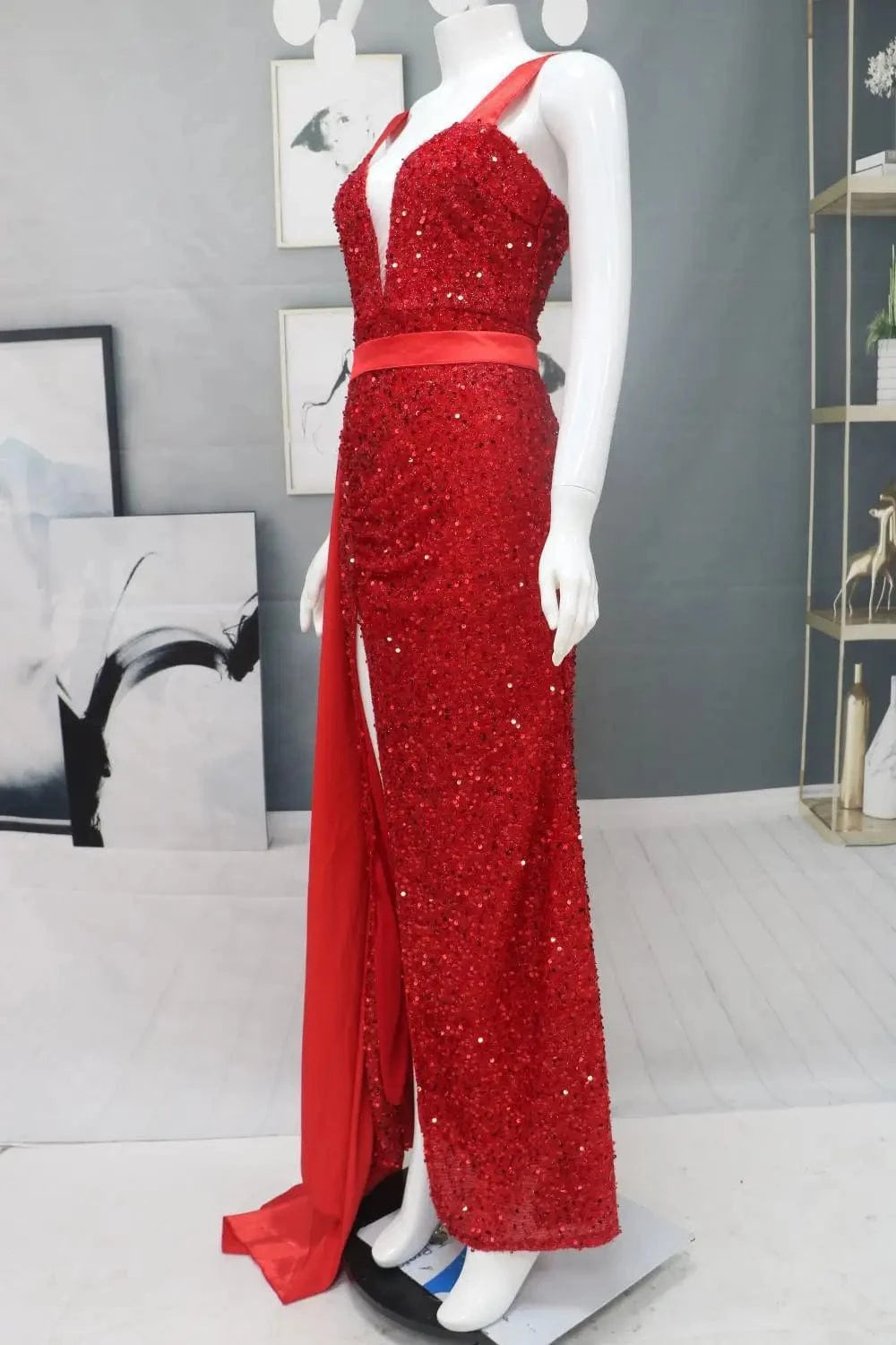 women's Sequin tassel Slim bodycon off the shoulder red sexy satin evening dress