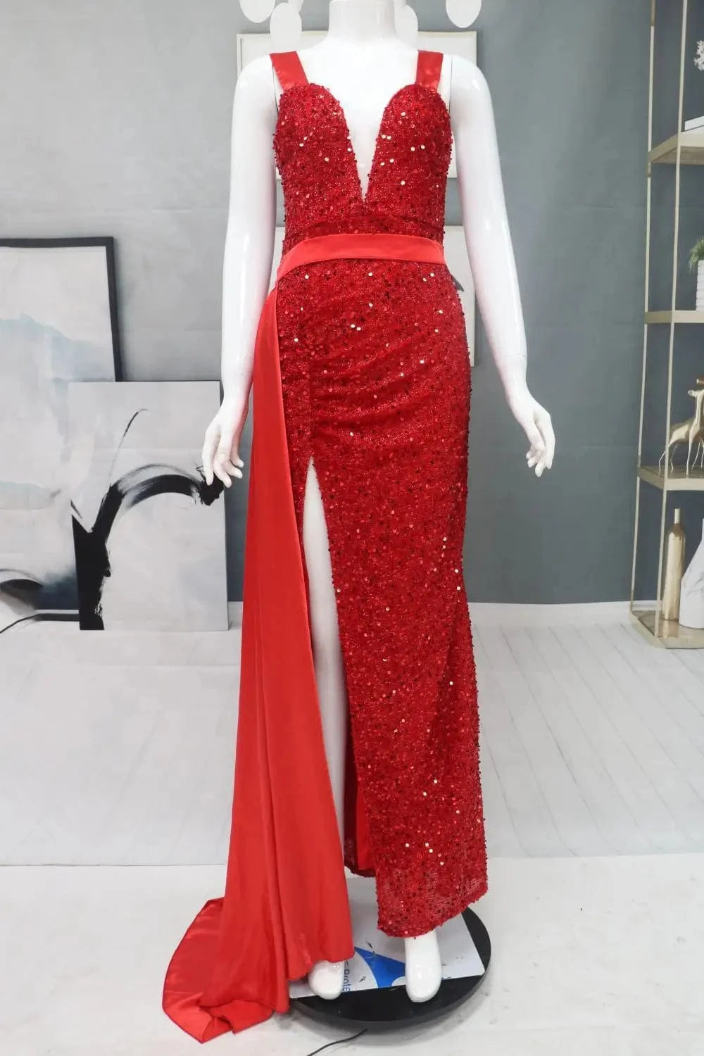 women's Sequin tassel Slim bodycon off the shoulder red sexy satin evening dress