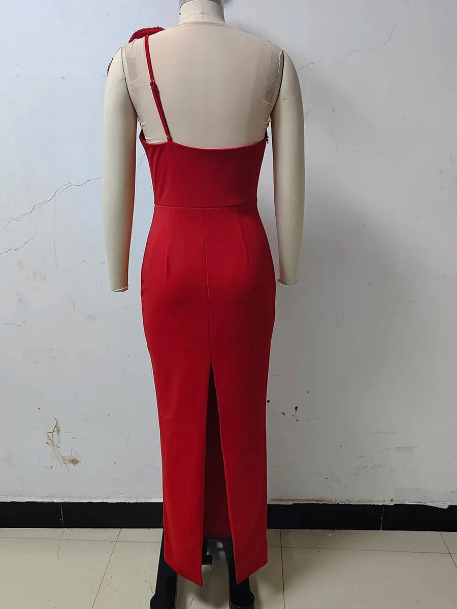 Women's Sexy Glamorous Red One Shoulder Ankle-Length Dress with Large Flower Luxurious Temperament Evening Party Dress