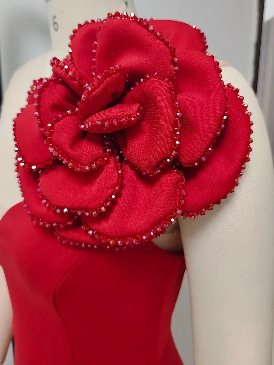 Women's Sexy Glamorous Red One Shoulder Ankle-Length Dress with Large Flower Luxurious Temperament Evening Party Dress