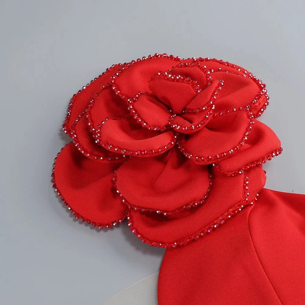 Women's Sexy Glamorous Red One Shoulder Ankle-Length Dress with Large Flower Luxurious Temperament Evening Party Dress