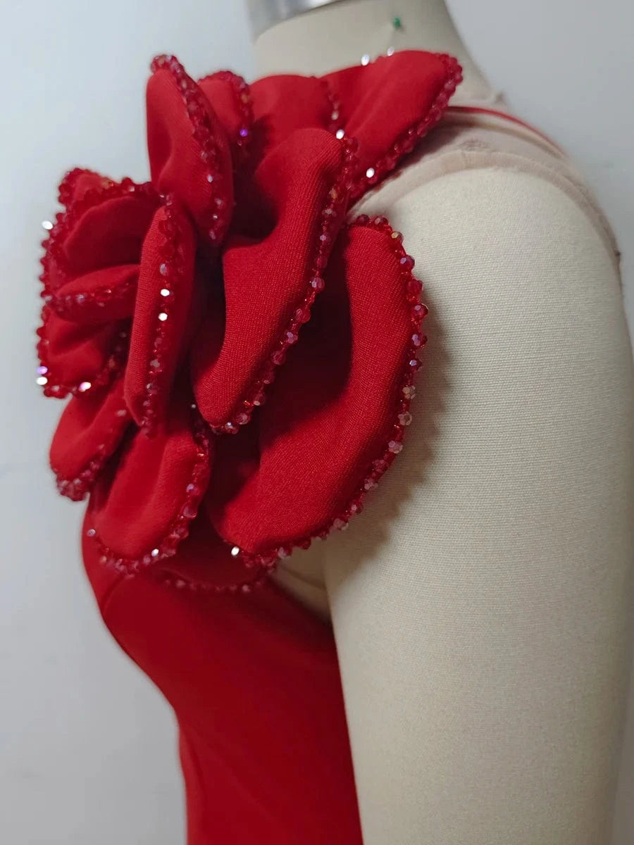 Women's Sexy Glamorous Red One Shoulder Ankle-Length Dress with Large Flower Luxurious Temperament Evening Party Dress