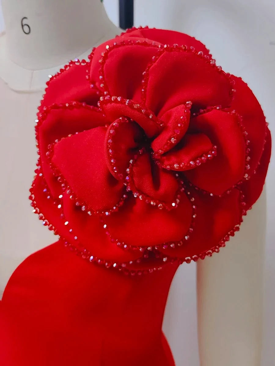 Women's Sexy Glamorous Red One Shoulder Ankle-Length Dress with Large Flower Luxurious Temperament Evening Party Dress