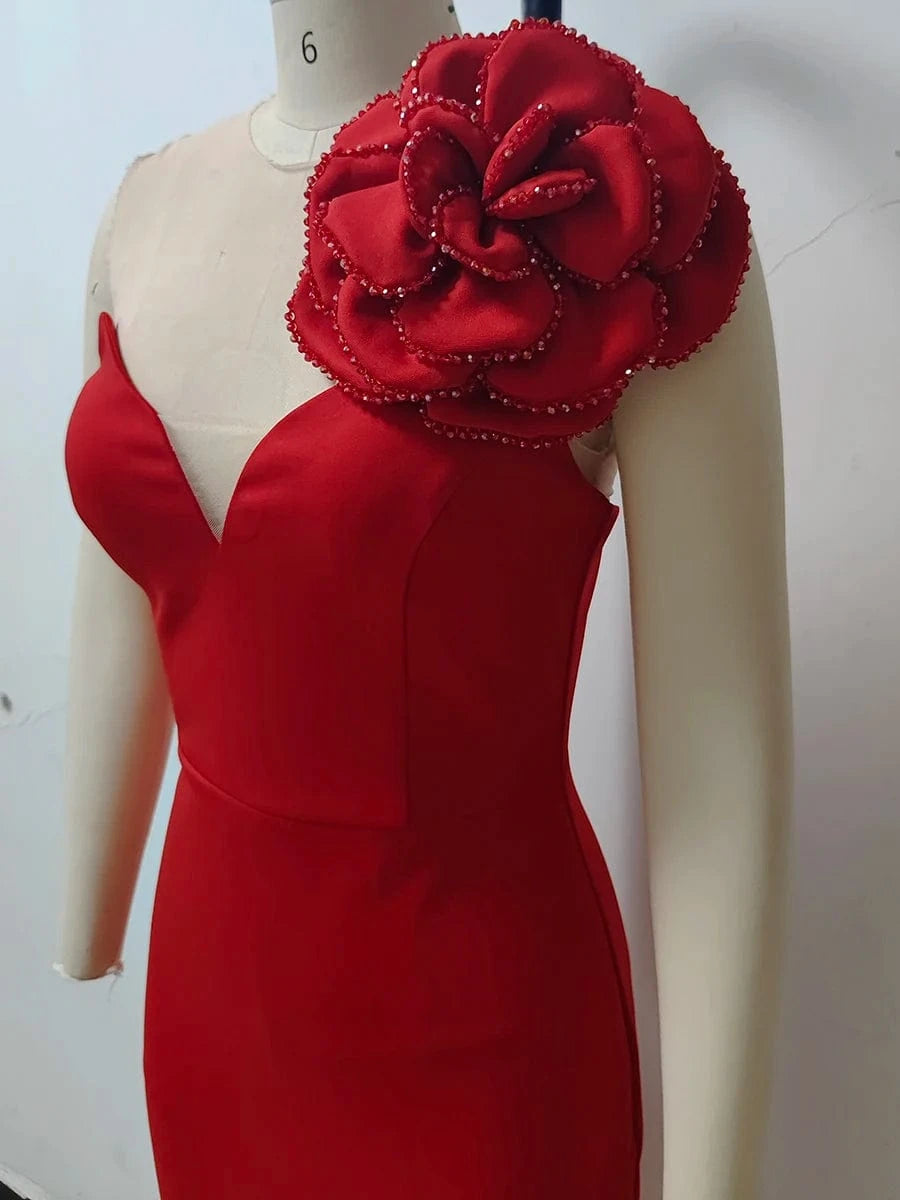 Women's Sexy Glamorous Red One Shoulder Ankle-Length Dress with Large Flower Luxurious Temperament Evening Party Dress