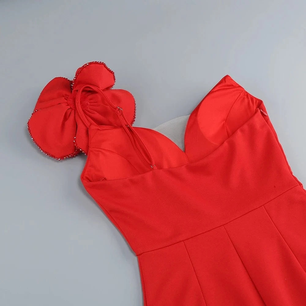 Women's Sexy Glamorous Red One Shoulder Ankle-Length Dress with Large Flower Luxurious Temperament Evening Party Dress