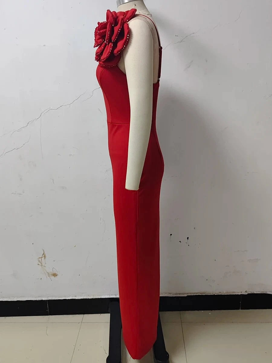 Women's Sexy Glamorous Red One Shoulder Ankle-Length Dress with Large Flower Luxurious Temperament Evening Party Dress