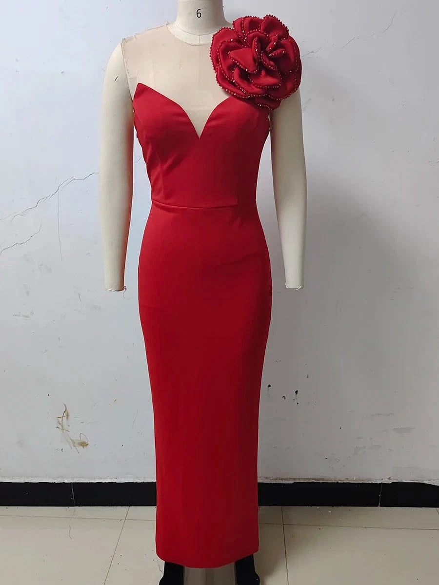 Women's Sexy Glamorous Red One Shoulder Ankle-Length Dress with Large Flower Luxurious Temperament Evening Party Dress
