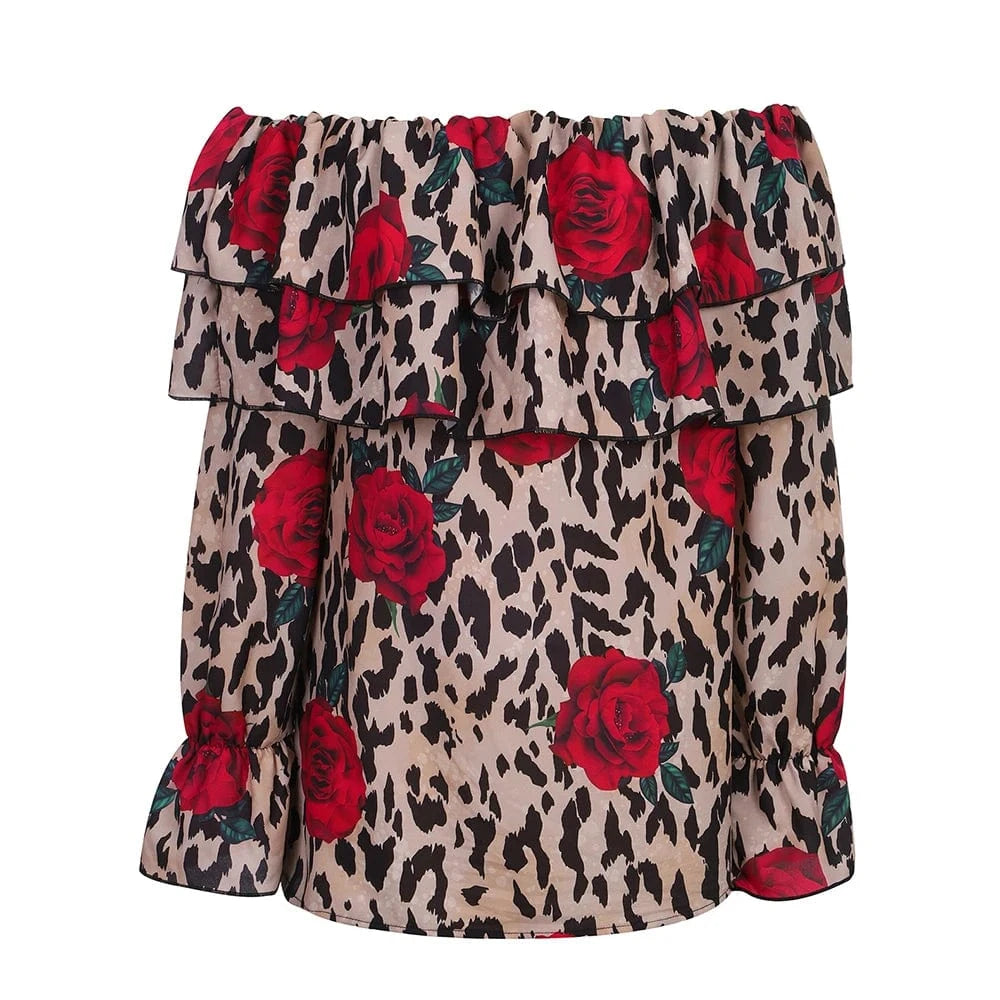 Women's Sexy Leopard Floral Printed Slash Neck Chiffon Blouse Autumn Spring Ladies Ruffle Casual Holiday Tops Size S-2XL