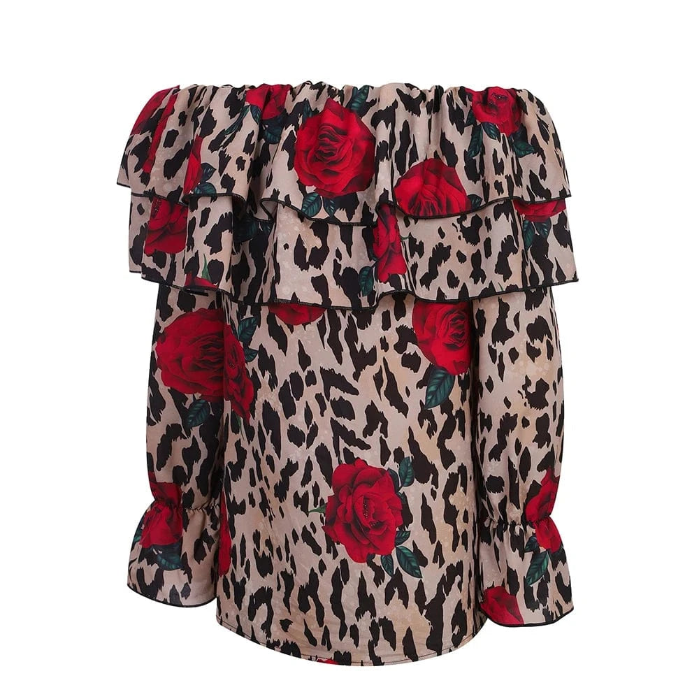Women's Sexy Leopard Floral Printed Slash Neck Chiffon Blouse Autumn Spring Ladies Ruffle Casual Holiday Tops Size S-2XL