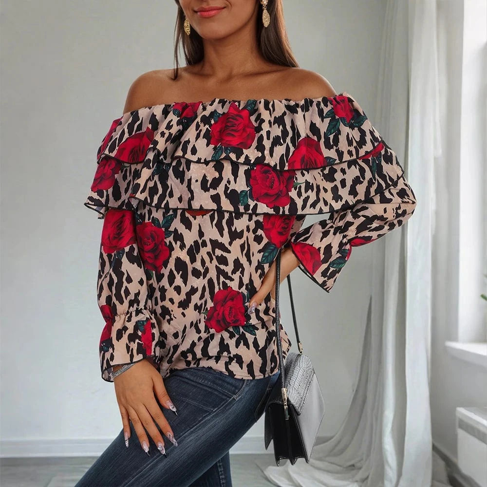 Women's Sexy Leopard Floral Printed Slash Neck Chiffon Blouse Autumn Spring Ladies Ruffle Casual Holiday Tops Size S-2XL