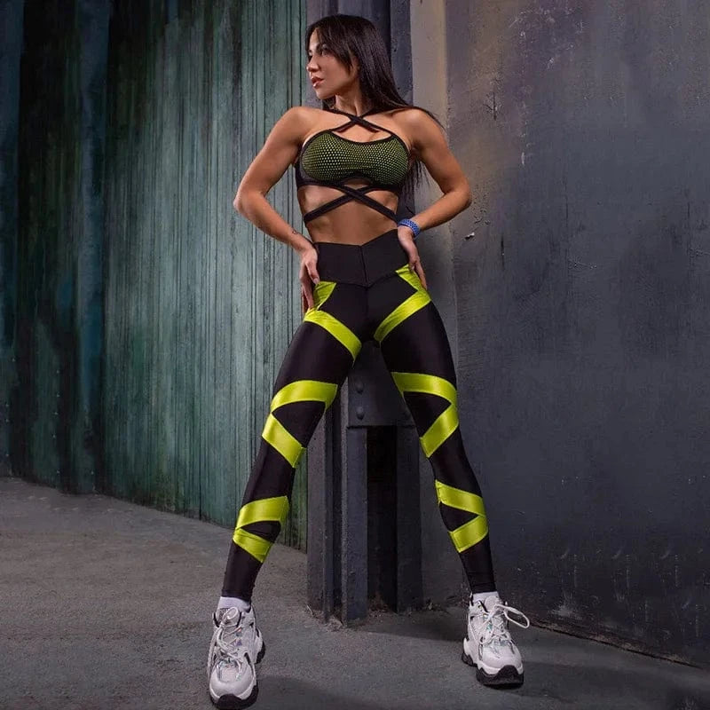 Women's Sexy Split-Joint Mesh Lace-Up Bra & High Waist Leggings Sport Suit 2025 New Summer Two Pieces Set For Cool Girl