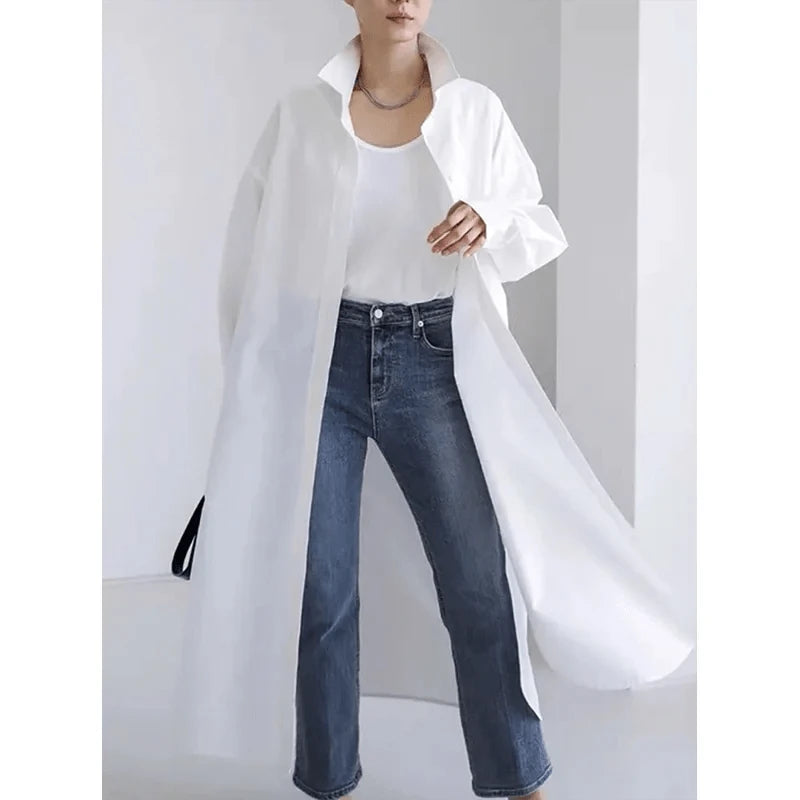 Women's Shirts Dress 2024 New Spring Summer Fashion Long Sleeve Loose Buttoned Solid Color Split-Side Lapel Casual Blouse