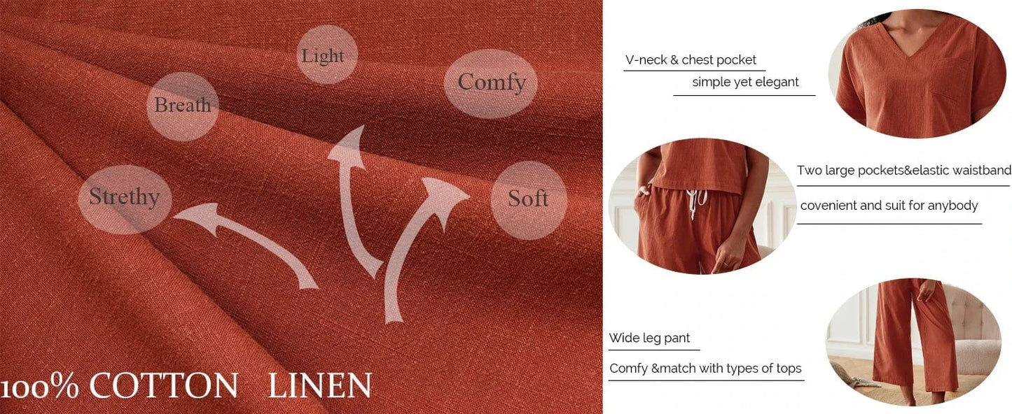 Women's Sleepwear 100% Cotton Linen Lounge Set Short Sleeve Top Pajamas Wide Leg Pants Loungewear Outfits Pocket S-XXL Plus Size