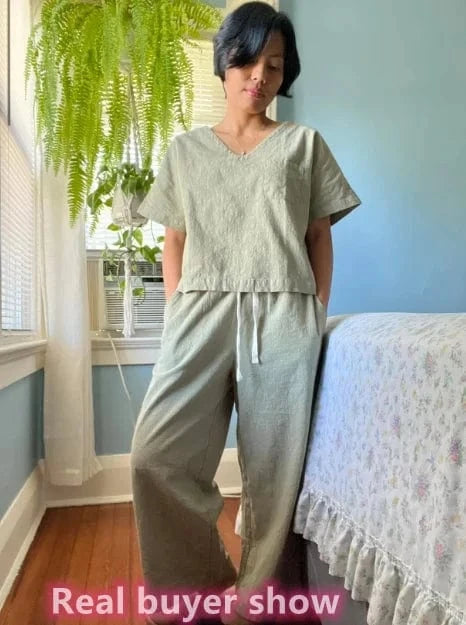 Women's Sleepwear 100% Cotton Linen Lounge Set Short Sleeve Top Pajamas Wide Leg Pants Loungewear Outfits Pocket S-XXL Plus Size