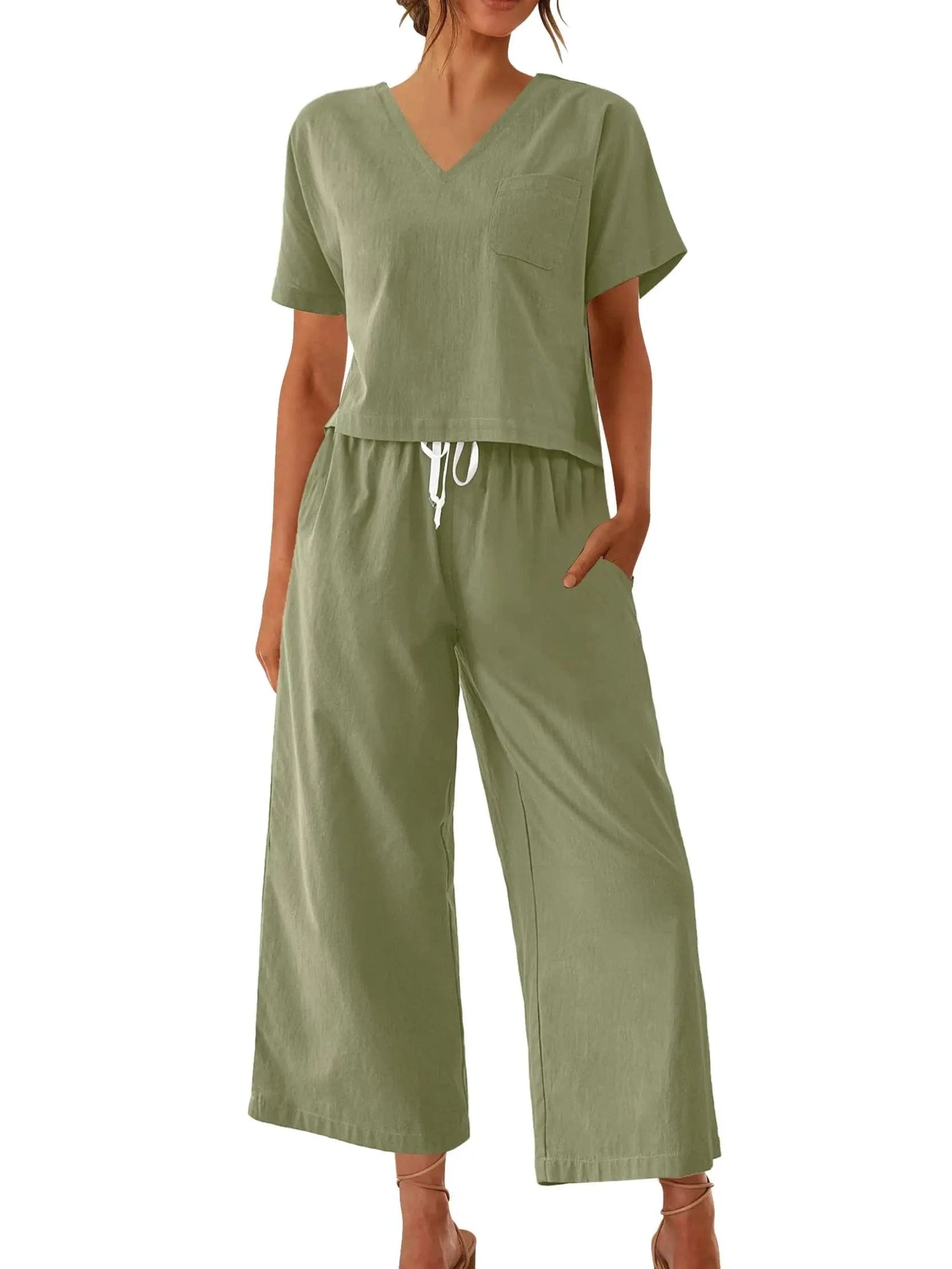 Women's Sleepwear 100% Cotton Linen Lounge Set Short Sleeve Top Pajamas Wide Leg Pants Loungewear Outfits Pocket S-XXL Plus Size