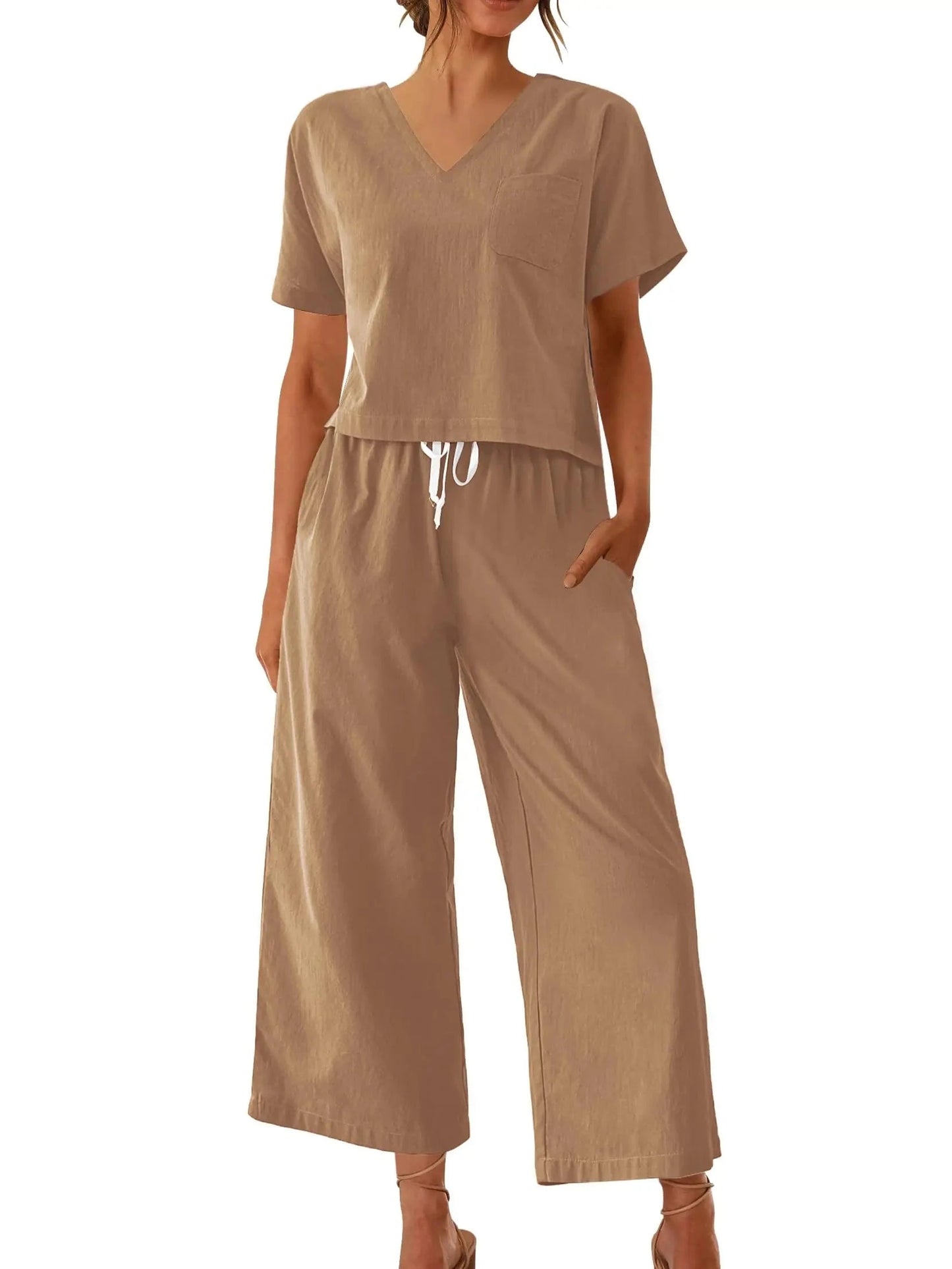 Women's Sleepwear 100% Cotton Linen Lounge Set Short Sleeve Top Pajamas Wide Leg Pants Loungewear Outfits Pocket S-XXL Plus Size