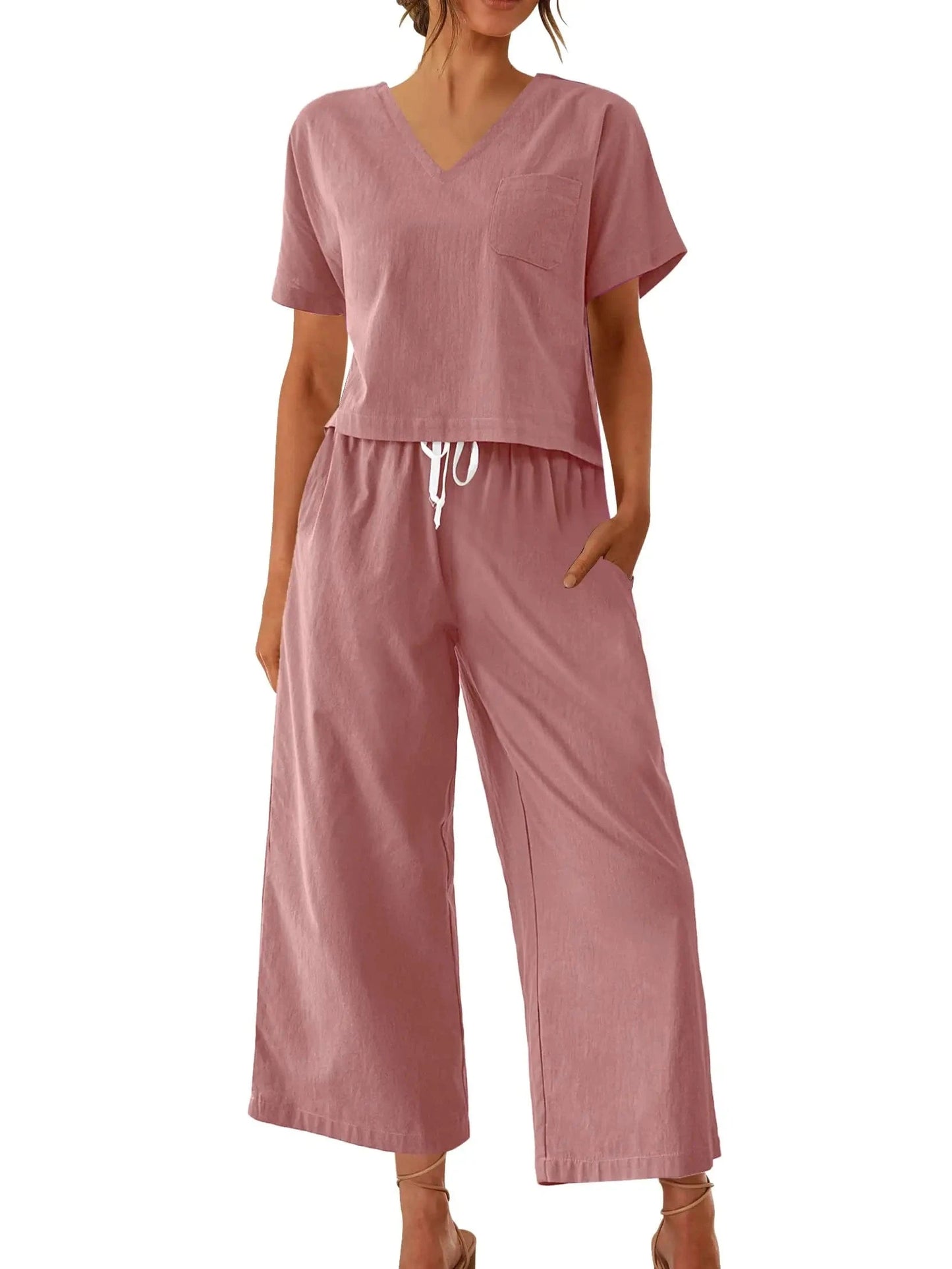 Women's Sleepwear 100% Cotton Linen Lounge Set Short Sleeve Top Pajamas Wide Leg Pants Loungewear Outfits Pocket S-XXL Plus Size