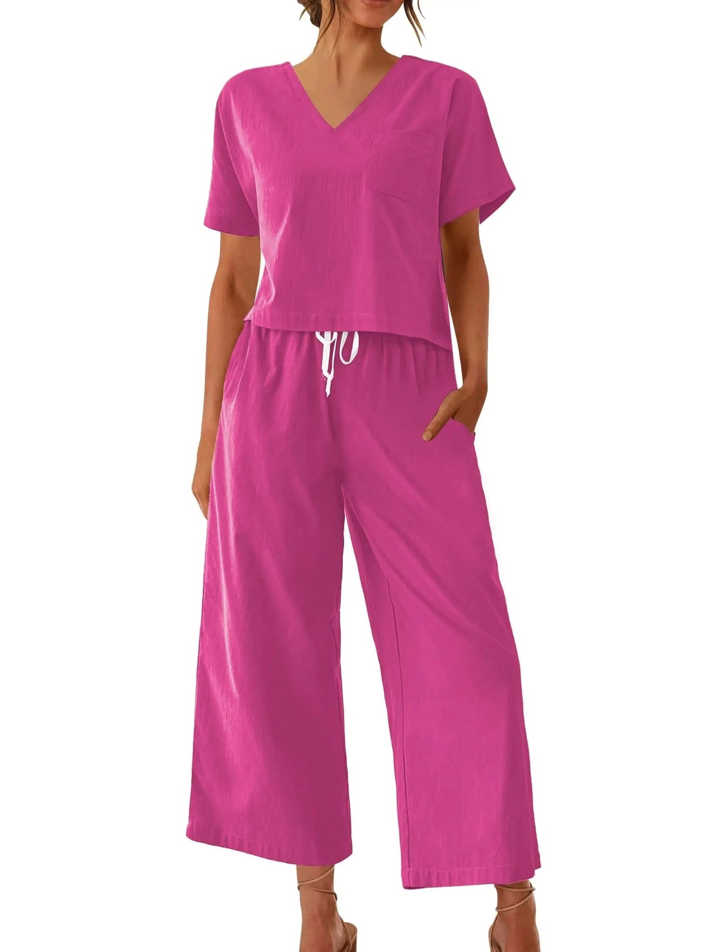 Women's Sleepwear 100% Cotton Linen Lounge Set Short Sleeve Top Pajamas Wide Leg Pants Loungewear Outfits Pocket S-XXL Plus Size