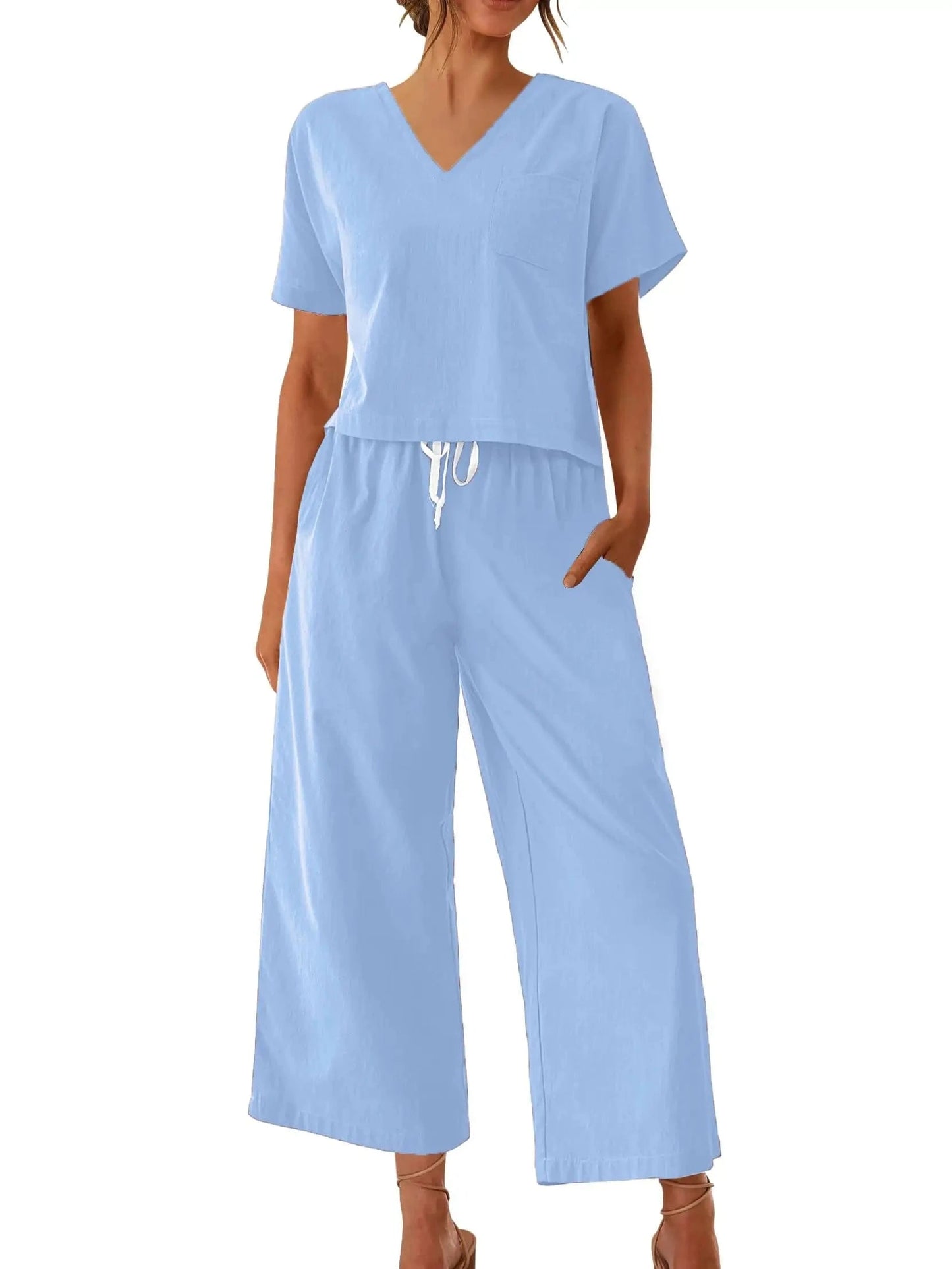 Women's Sleepwear 100% Cotton Linen Lounge Set Short Sleeve Top Pajamas Wide Leg Pants Loungewear Outfits Pocket S-XXL Plus Size