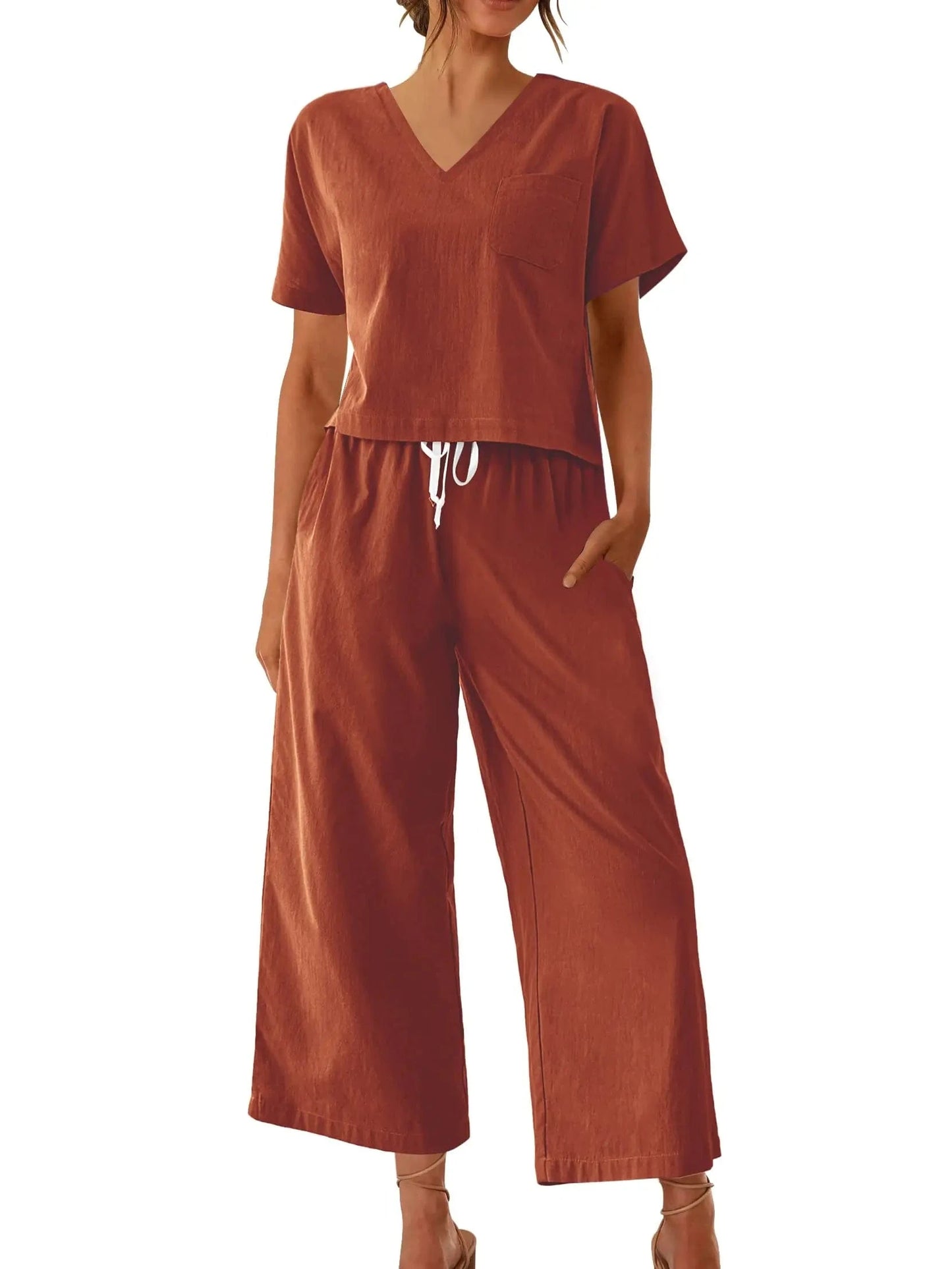 Women's Sleepwear 100% Cotton Linen Lounge Set Short Sleeve Top Pajamas Wide Leg Pants Loungewear Outfits Pocket S-XXL Plus Size