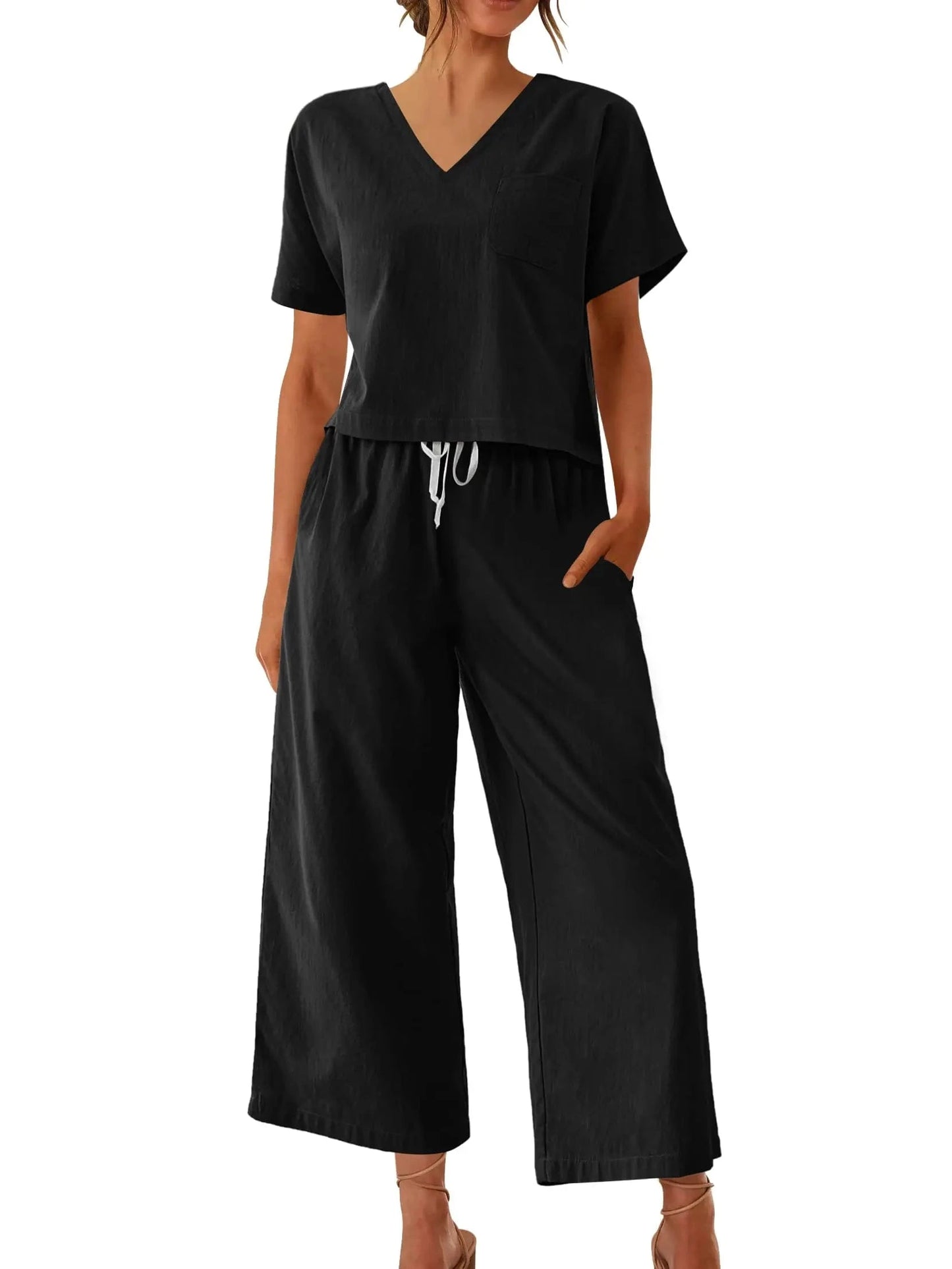 Women's Sleepwear 100% Cotton Linen Lounge Set Short Sleeve Top Pajamas Wide Leg Pants Loungewear Outfits Pocket S-XXL Plus Size