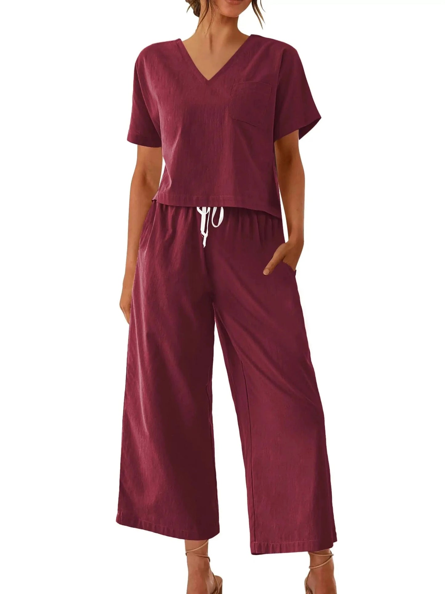 Women's Sleepwear 100% Cotton Linen Lounge Set Short Sleeve Top Pajamas Wide Leg Pants Loungewear Outfits Pocket S-XXL Plus Size
