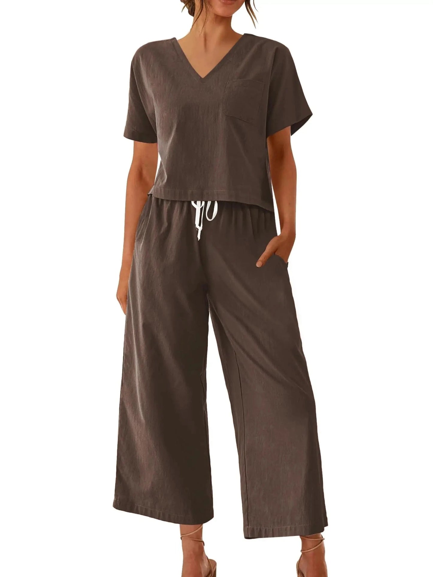 Women's Sleepwear 100% Cotton Linen Lounge Set Short Sleeve Top Pajamas Wide Leg Pants Loungewear Outfits Pocket S-XXL Plus Size