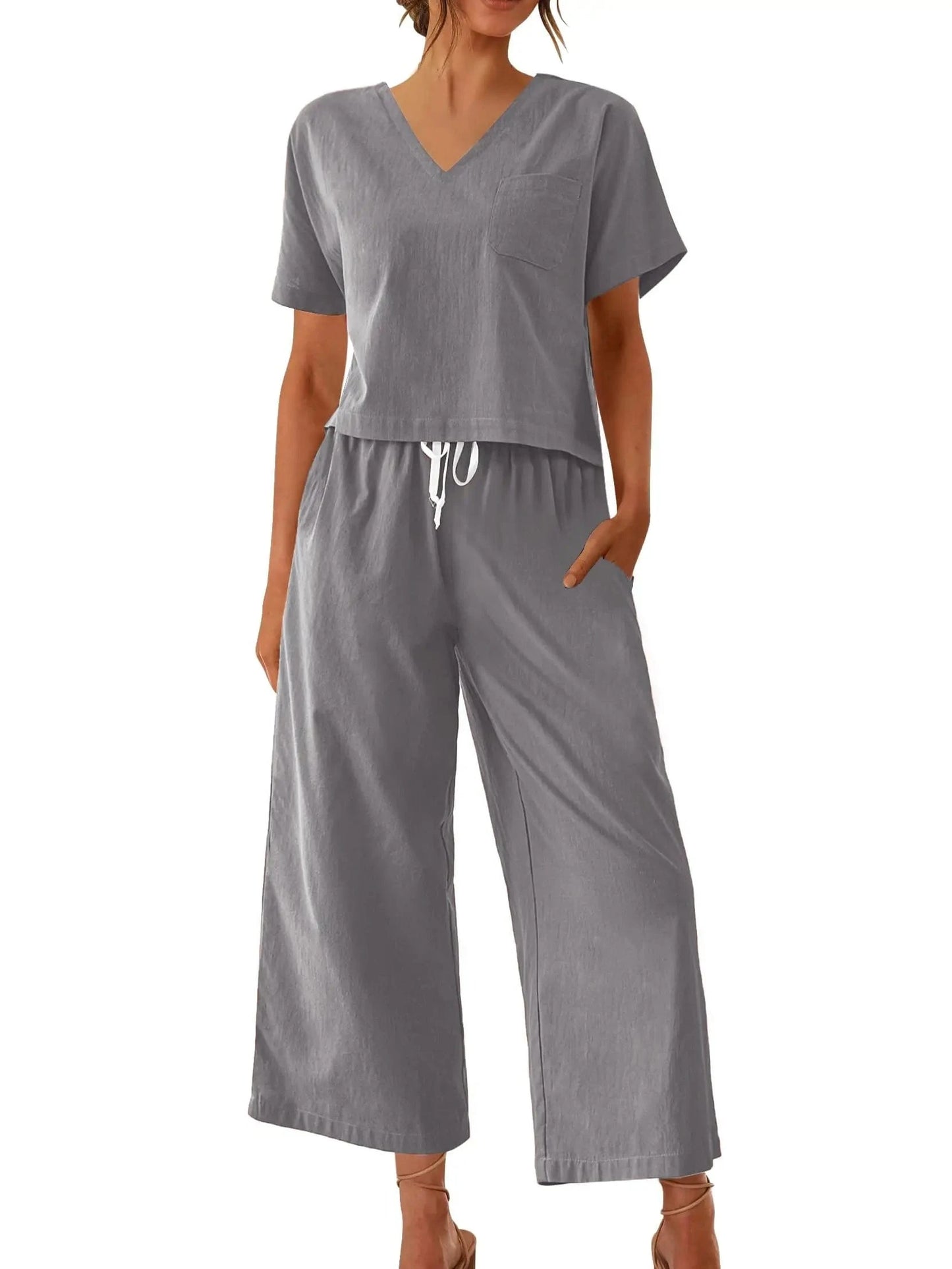 Women's Sleepwear 100% Cotton Linen Lounge Set Short Sleeve Top Pajamas Wide Leg Pants Loungewear Outfits Pocket S-XXL Plus Size