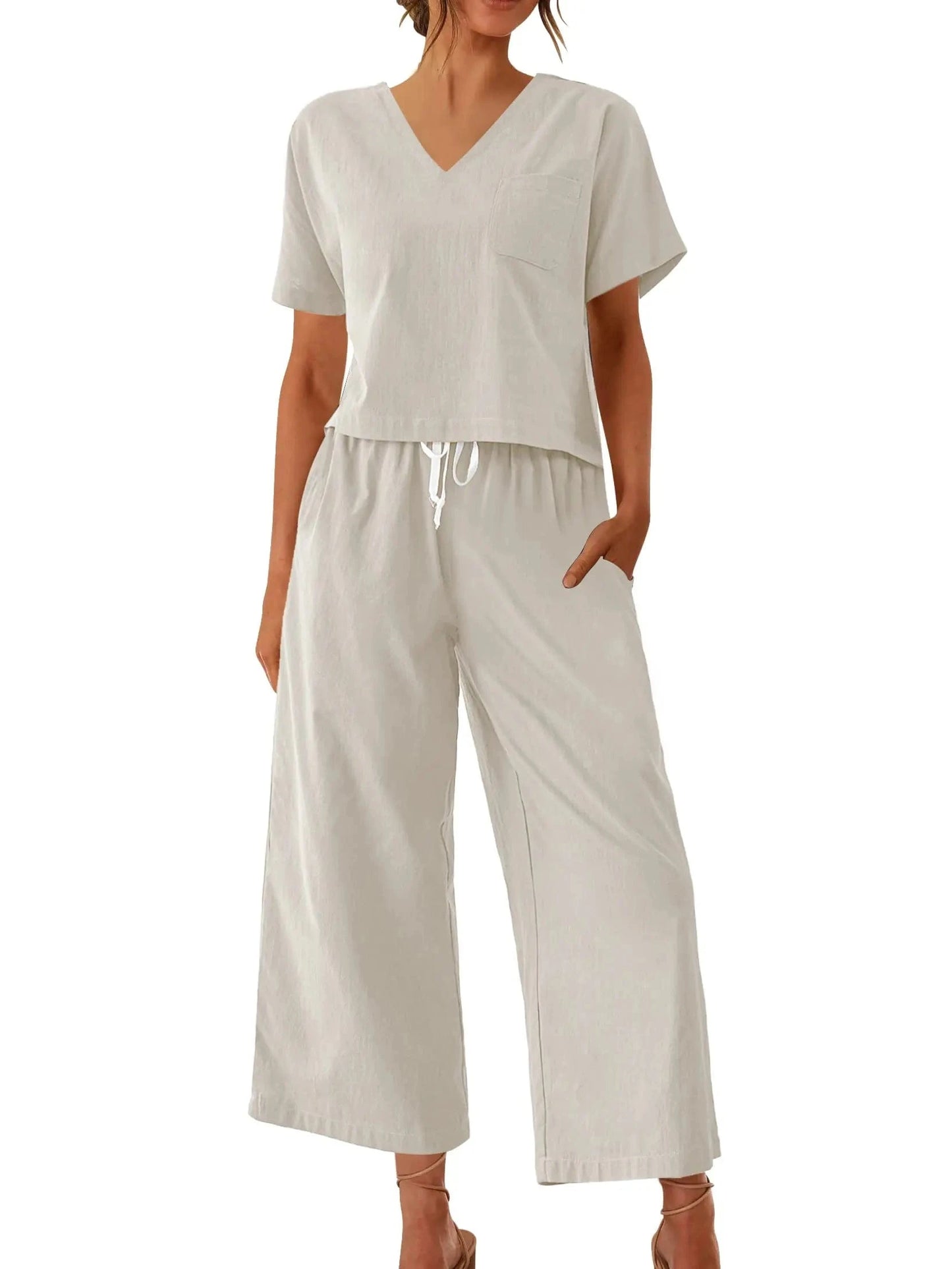 Women's Sleepwear 100% Cotton Linen Lounge Set Short Sleeve Top Pajamas Wide Leg Pants Loungewear Outfits Pocket S-XXL Plus Size