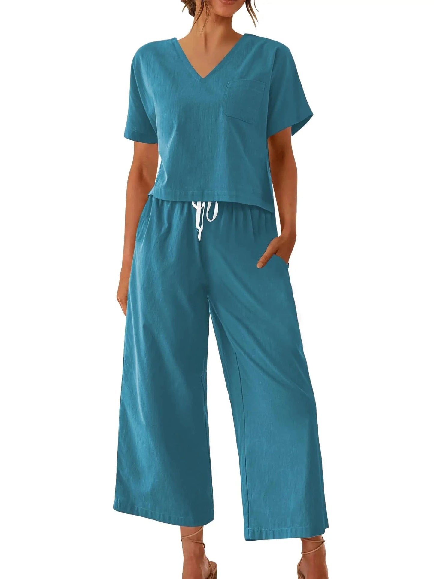 Women's Sleepwear 100% Cotton Linen Lounge Set Short Sleeve Top Pajamas Wide Leg Pants Loungewear Outfits Pocket S-XXL Plus Size