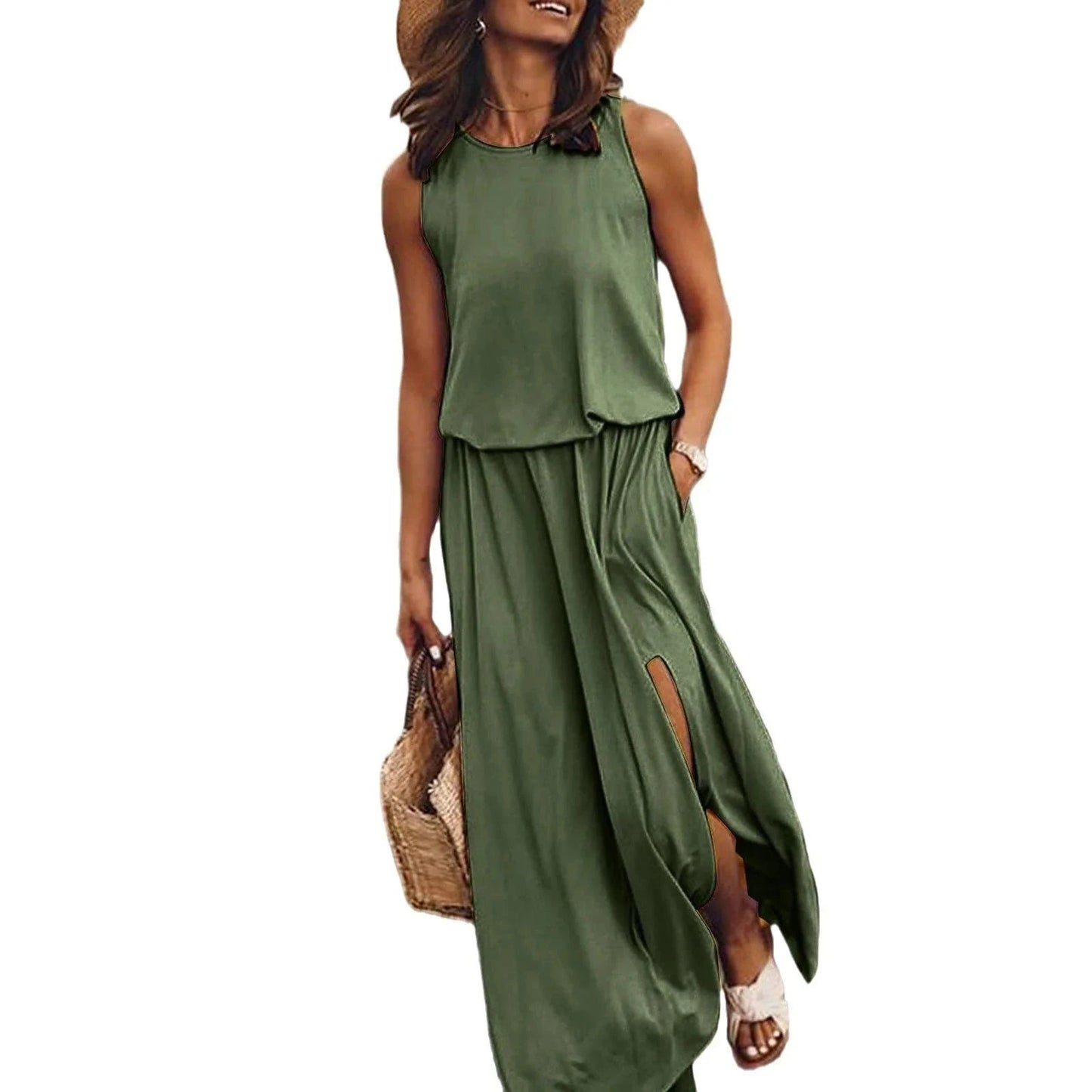 Women's Sleeveless Dress Round Neck Split Solid Color Leisure Long Dress Summer Loose Plus Size Casual Ladies Maxi Dress